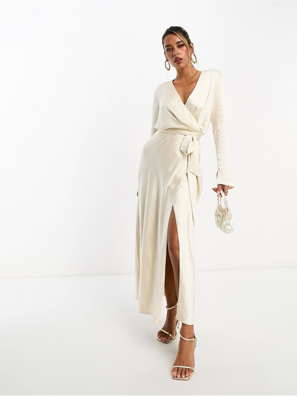 ASOS Cream Long Sleeve Wrap Maxi Dress with Side Slit